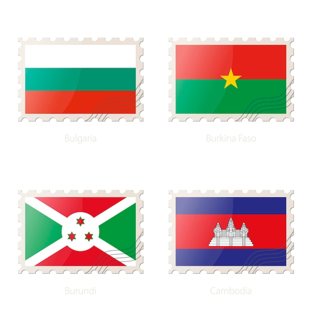 불가리아 부르키나파소 부룬디 캄보디아 국기의 이미지가 있는 우표