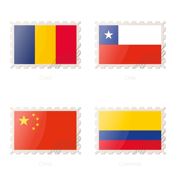 Postage stamp with the image of Chad Chile China Colombia flag