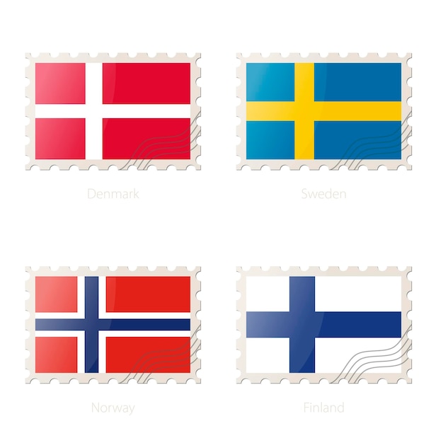 Postage stamp with the image of Denmark Sweden Norway Finland flag