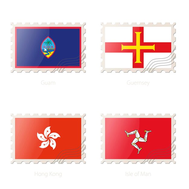 Почтовая марка с изображением флага Гуама, Гернси, Гонконга, острова Мэн
