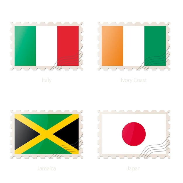 Vettore francobollo con l'immagine della bandiera italia costa d'avorio giamaica giappone