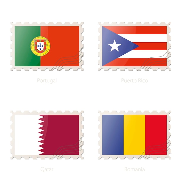 Postage stamp with the image of Portugal Puerto Rico Qatar Romania flag