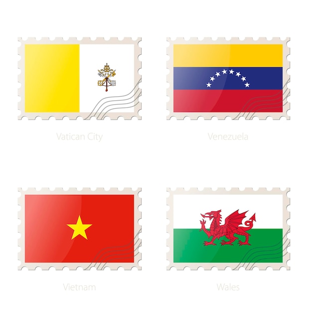 Postage stamp with the image of Vatican City Venezuela Vietnam Wales flag