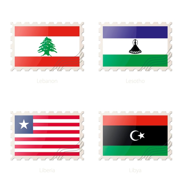 레바논 레소토 라이베리아 리비아 국기의 이미지가 있는 우표