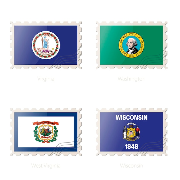 벡터 버지니아 워싱턴 웨스트 버지니아 위스콘신 주 국기의 이미지가 있는 우표