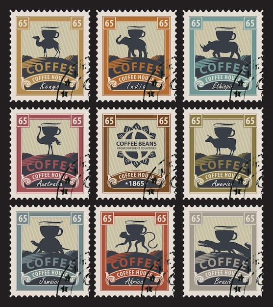 Vector postage stamps with coffee beans