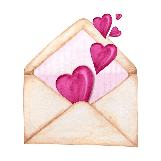 Vector postal envelope for valentine day with hearts flying away. greeting card concept. pink stripe inside, beautiful romantic retro style. hand drawn watercolor isolated illustration.