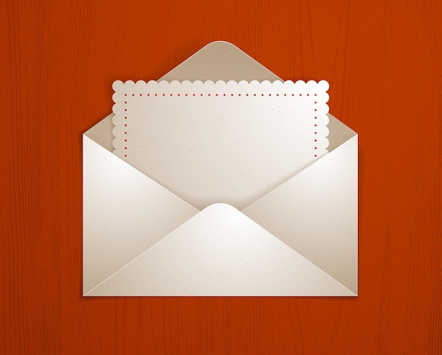 Почтовый конверт с пустой карточкой на деревянном фоне реалистичная векторная бумага иллюстрация элемент графического дизайна сообщение приветственная почта
