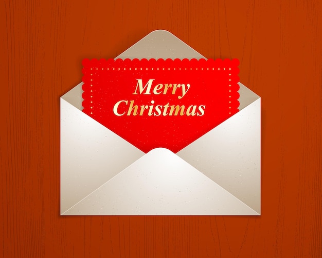 Почтовый конверт с рождественской открыткой на деревянном фоне реалистичная векторная бумага иллюстрация элемент графического дизайна сообщение приветственная почта