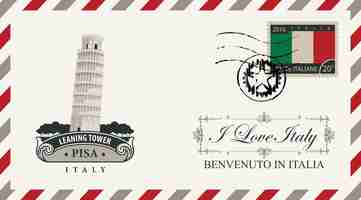 Vector postal envelope with leaning tower in pise