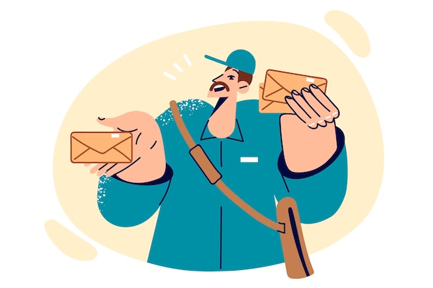 Vector postal man holds envelopes with letters working as mail courier for state postal company happy guy in kpek and postman uniform brought letter with important information for recipient