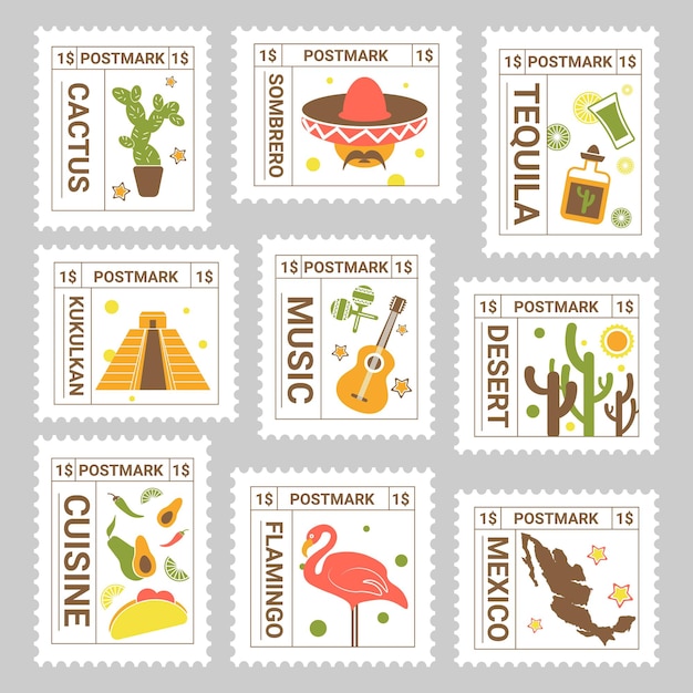 Vector postal mark set with colorful mexican element