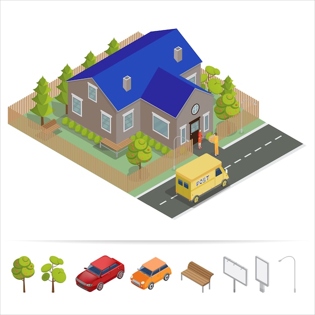 Postal Service Isometric House met bestelwagen