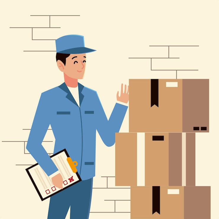 Vector postal service postman character with check list and stack of boxes  illustration
