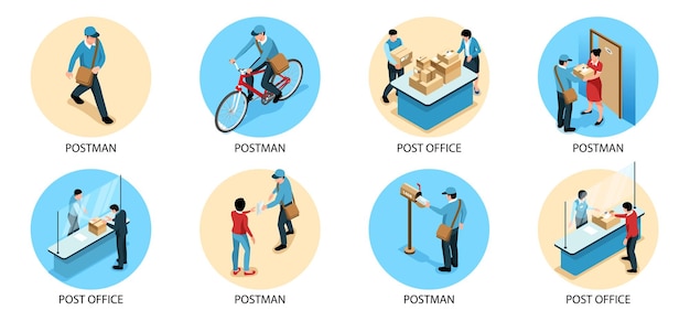 Postal service round compositions set of postman courier and post office isometric images isolated vector illustration