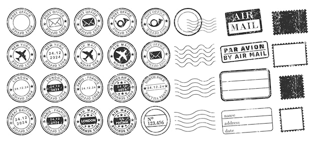 Postal Stamps frames icon shape set Post Stamp grunge ink rubber labels sign collection Black rou