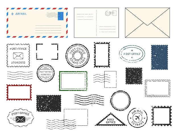 Postal with stamps envelope different types of letters and post cards delivery postmarks and labels vintage grunge textures correspondence seal imprints vector mail office elements set