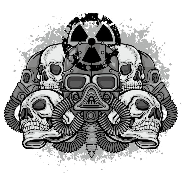 Vector postapocalypse teken met schedel en gasmasker grunge vintage design t-shirts