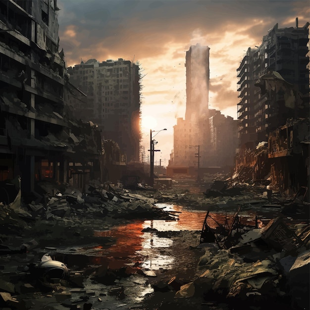 A postapocalyptic city gloomy overgrown buildings