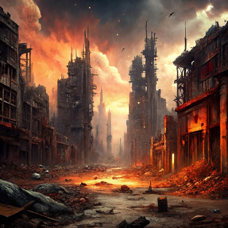 Vector postapocalyptic cityscape with burning street