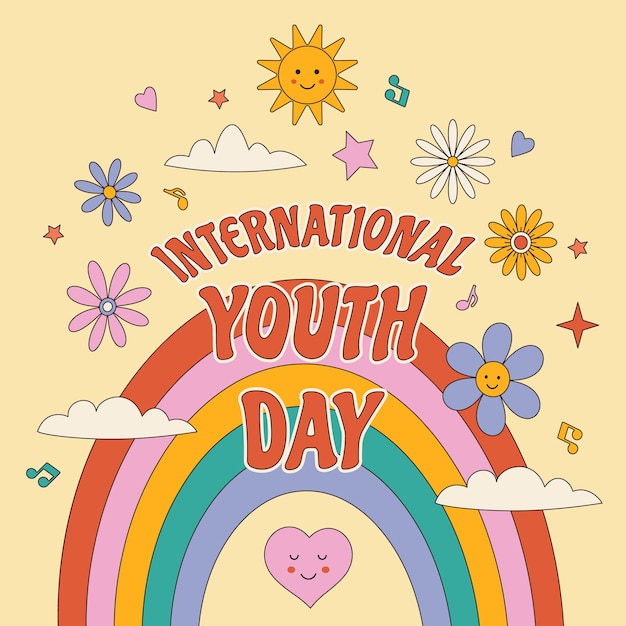 Postcard banner International Youth Day Groovy vintage hippie background in the style of the 70s