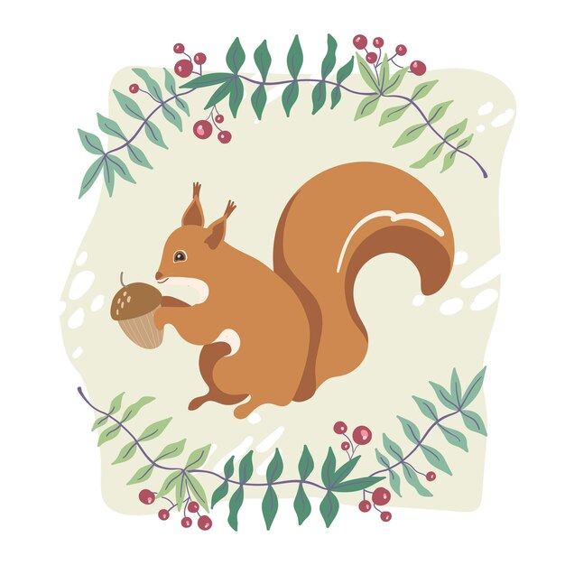 Postcard of cartoon forest squirrel with plant elements isolated on white background