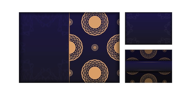 Postcard design in blue with luxurious patterns. Invitation card design with space for your text and vintage ornaments.