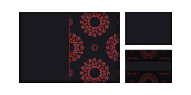 Postcard design with abstract patterns. Black banner template with Greek red ornaments and place for your logo.