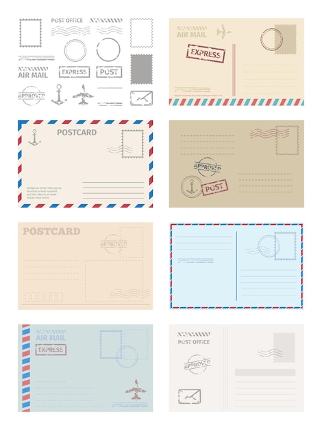 Вектор Набор шаблонов конвертов открытки. открытка марки почтовые услуги красная синяя рамка быстрая доставка воздушные корабли стильный ретро-дизайн пустой пустой графический шаблон.