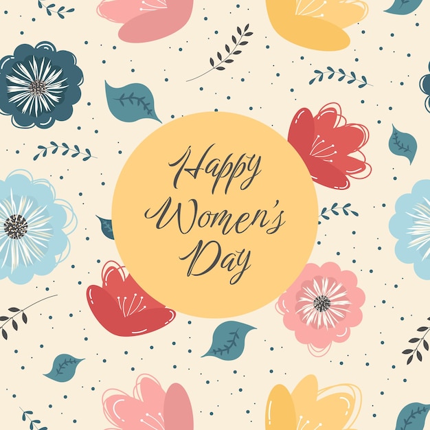 ベクトル 落書きスタイルのベクトルにかわいい花のシームレスなパターンを持つ国際女性の日のポストカード