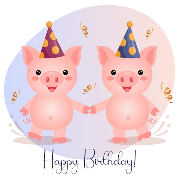 Vector postcard happy birthday, a couple of funny pigs in festive hats and golden serpentines. illustration