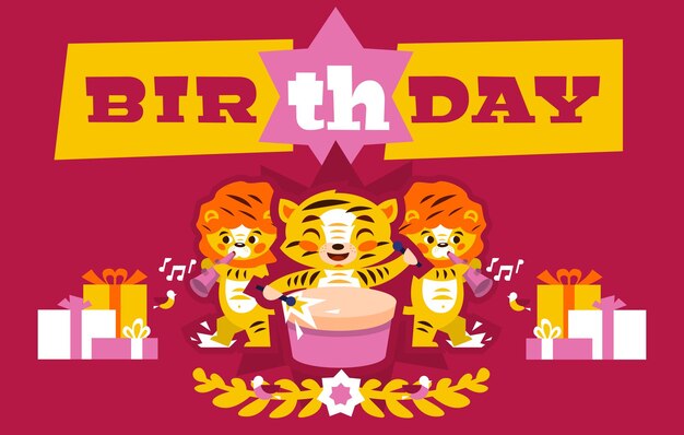 Vector postcard happy birthday with tiger cub plays drums designed for printing invitations and congratulations lion cub playing on flute music orchestra african animals letters birds gifts