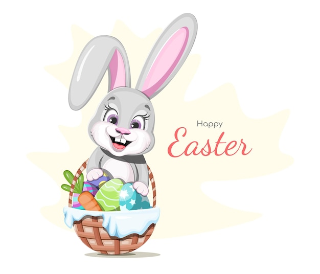 Postcard Happy Easter Cute and cheerful bunny with an Easter basket