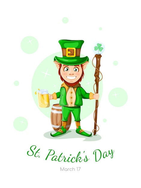 Vector postcard happy st patricks day cheerful leprechaun with a mug of beer and a cane with a clover