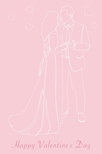 Postcard Happy Valentine's Day Continuous line drawing of couples who love each other hold hands Vector illustration