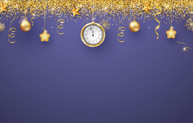 Открытка, приглашение С Новым 2022 годом и Рождеством. Часы, металлические золотые новогодние шары, украшение, мерцание, блестящее конфетти на сиреневом фоне. Векторная иллюстрация