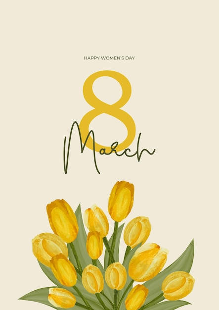 Postcard for March 8 with a bouquet of yellow watercolor tulips Congratulations on Women's Day