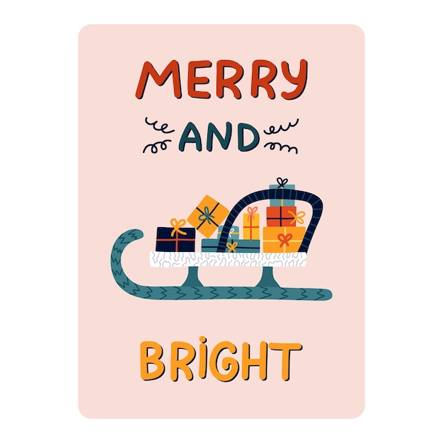Cartolina per le vacanze invernali di buon natale capodanno poster con lettere adorabili illustrazione disegnata a mano di vettore allegro e luminoso della slitta piena di regali scatole regalo modello di biglietto d'auguri