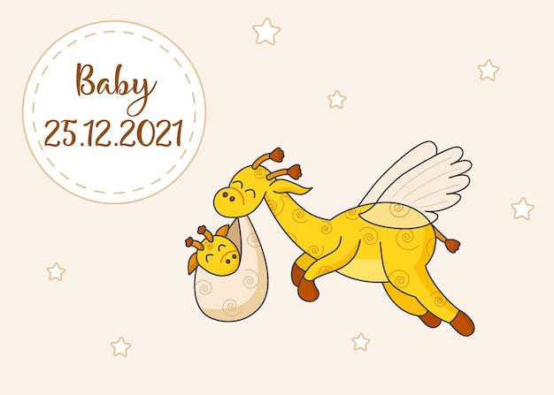 Vector a postcard for a newborn. funny flying giraffe. hello baby. congratulations on the birth of a child. birth certificate. hello world.