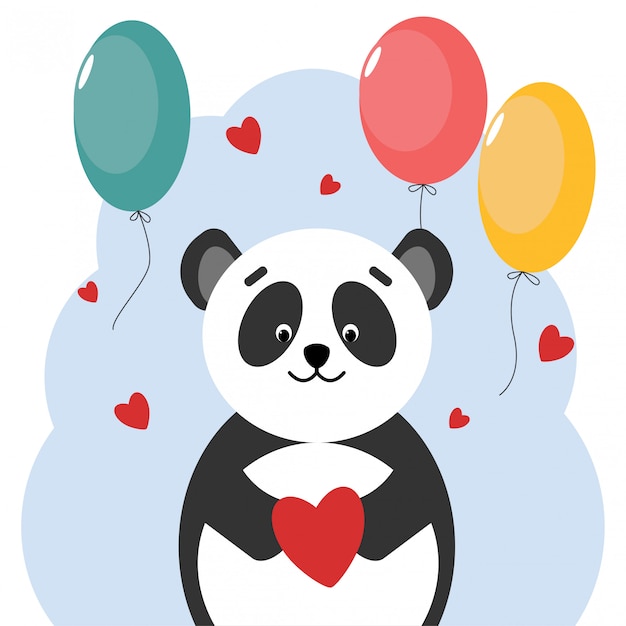 Postcard panda bear with heart shaped balloons