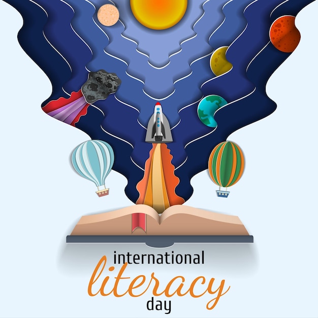 Vector a postcard in the papercut style an open book from which the light of science comes international literacy day