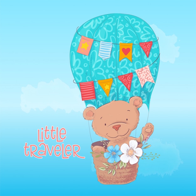 Vector postcard poster of a cute bear in a balloon with flowers in cartoon style. hand drawing.