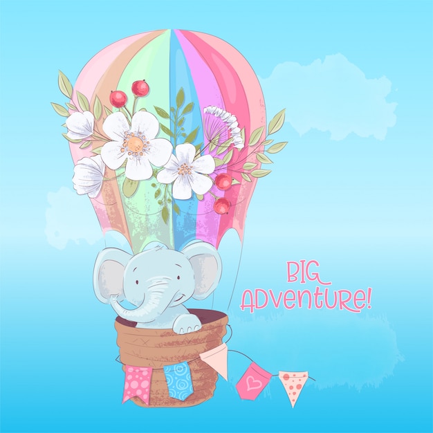 Postcard poster of a cute elephant in a balloon with flowers in cartoon style.