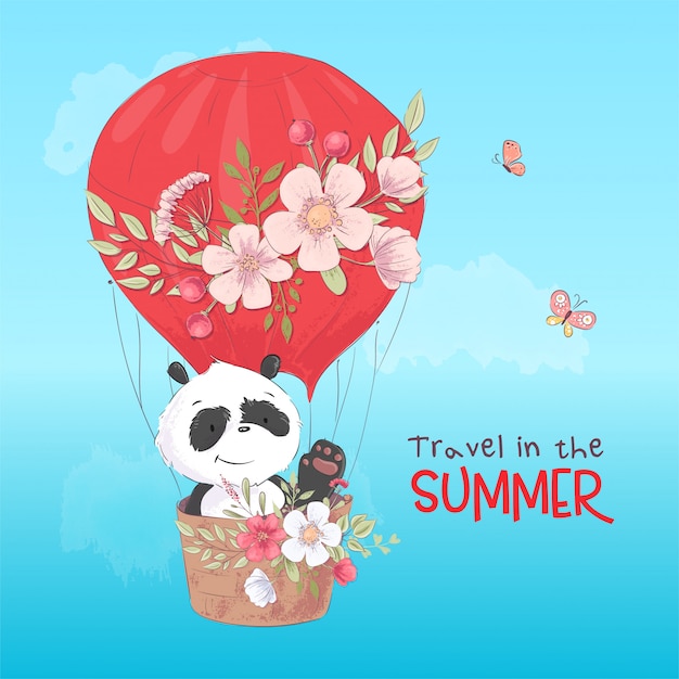 Postcard poster of a cute panda in a balloon with flowers in cartoon style.