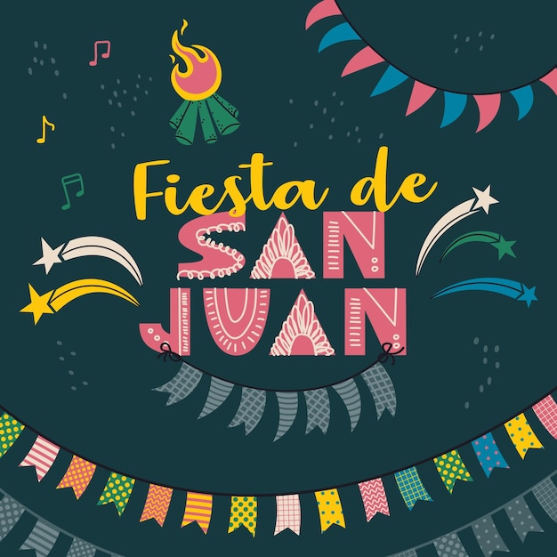 Cartolina o poster per la celebrazione di san juan testo in spagnolo fiesta de san juan festa di san giovanni falò fuochi d'artificio e bandiere decorative vettore