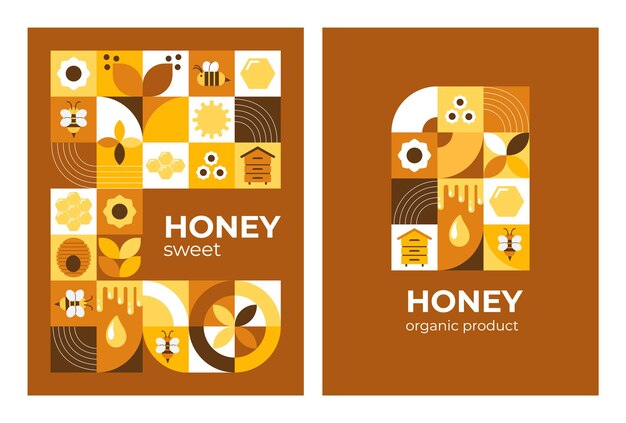 Постер с пчелами, медом, сотами, ульями, цветами, современный абстрактный фон, стиль Баухауса, векторная иллюстрация геометрических форм.