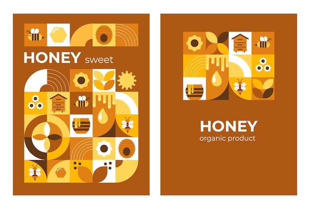 Postcard poster with bees honey honeycombs hive flowers modern abstract background bauhaus style style vector illustration of geometric shapes