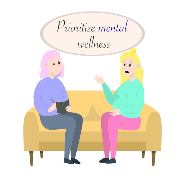 Postcard psychotherapy session pregnant woman talking to psychologist sitting on sofa mental health