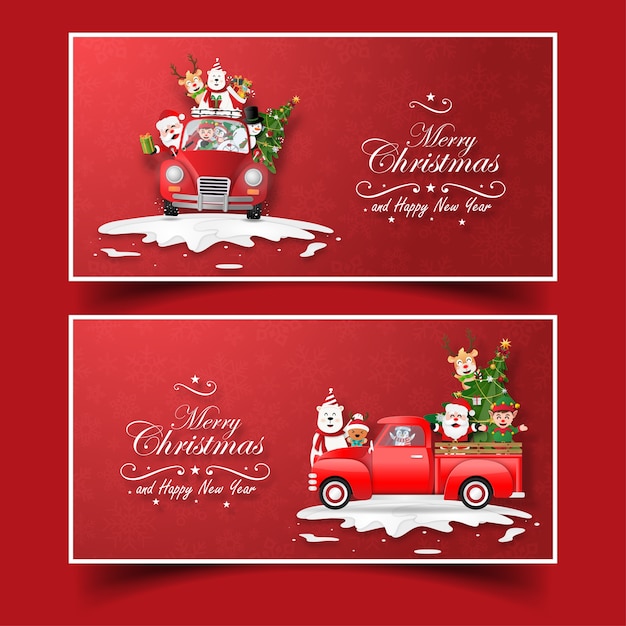 Postcard santa claus and friend with christmas truck