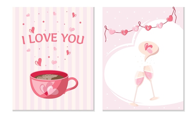 Postcard Set Cute cartoon style vector illustration in pink shades Trendy modern illustration